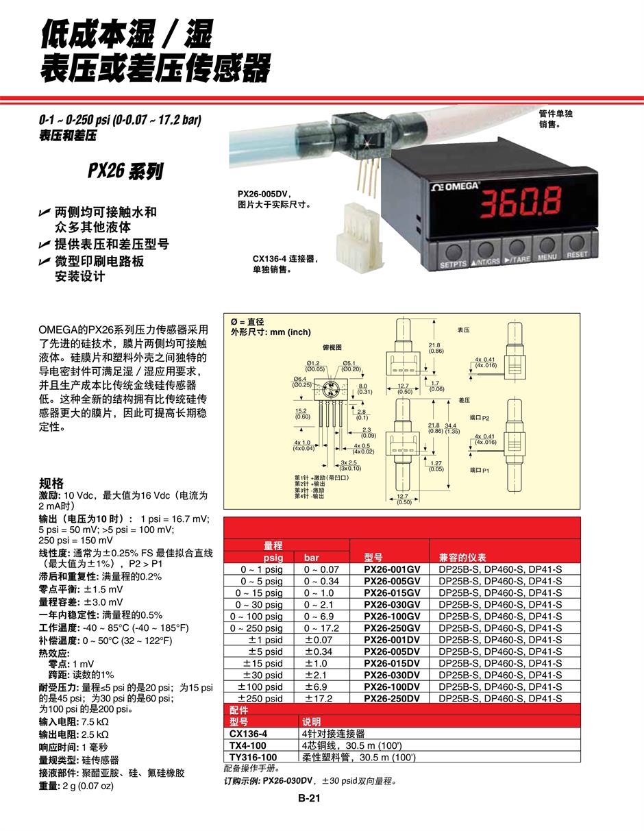 PX26 系列低成本湿／湿 表压或差压传感器产品详情